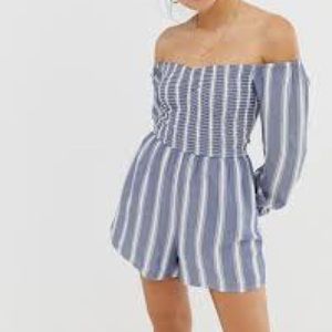 Hollister smocked white and blue striped romper!